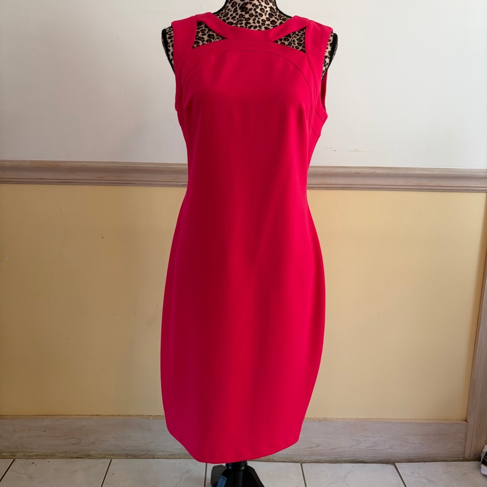 Calvin Klein Pink Fuchsia Cutout Neckline Sheath Dress Sz 10 Sleeveless Cocktail